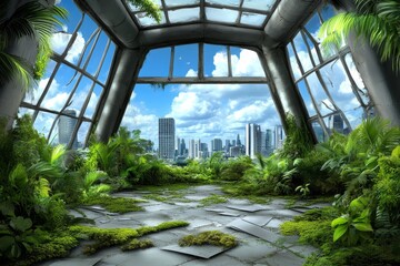 A moody portrayal of a decaying city overrun by vines and plants reclaiming the space, with a dramatic, shadowy atmosphere