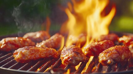 Grilled Chicken Wings with Flames and Smoke in Outdoor Barbecue Setting