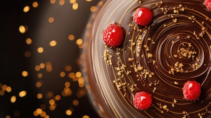 Decadent chocolate cake adorned with fresh raspberries and golden sprinkles on a dark background. Perfect for dessert indulgence.