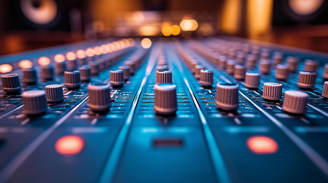 professional audio mixing console illuminated by vibrant LED lights, showcasing precision dials, sliders, and colorful buttons. Represents sound engineering, creativity, and innovation