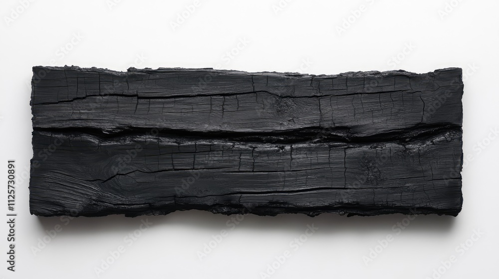 Poster charred black wood board isolated on white background with distinct texture and grain for design and