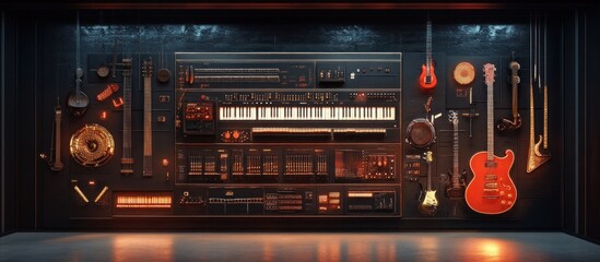 Obraz premium Interactive soundboard presentation for education, displaying instruments, genres, and a timeline of sound clips, modern design 