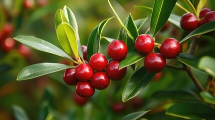 Obraz premium Syzigium Oleina ornamental plant close-up showcasing vibrant red fruits and lush green leaves in a natural setting selectively focused