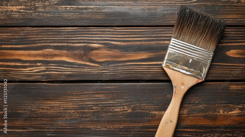 Poster paintbrush on rustic wooden surface creating a textured background for artistic or diy projects and 