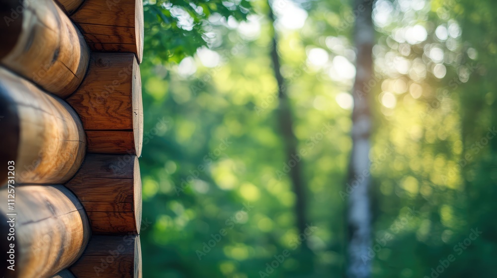 Aufkleber close up of rustic log cabin corner with lush green forest background captured in soft focus highlig