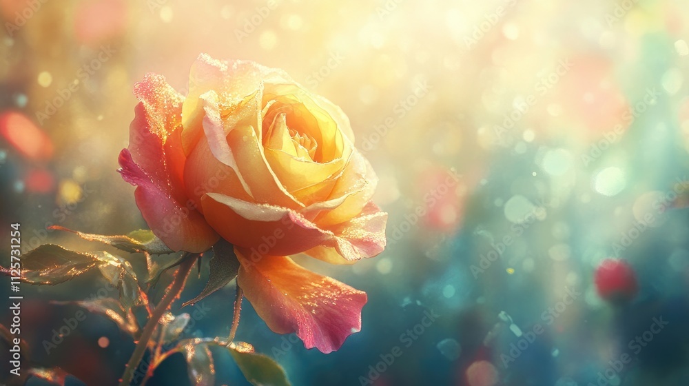 Poster mesmerizing yellow and pink rose in a serene garden setting illuminated by soft gentle light and sur