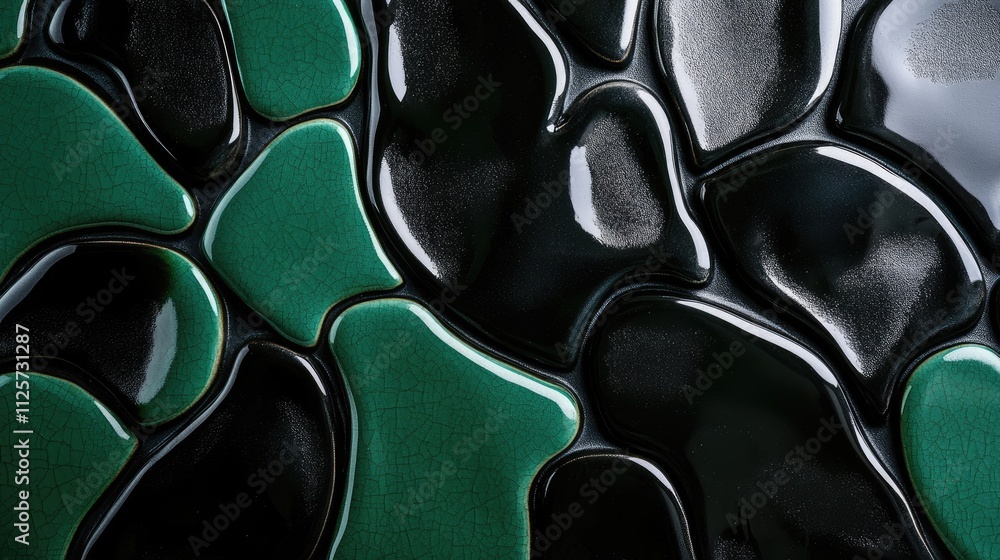 Poster abstract textured background of glossy black and green ceramic shapes creating a modern artistic des