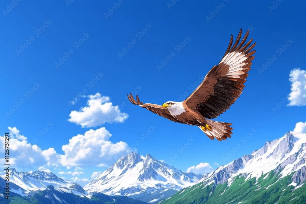Aufkleber A pixel art depiction of an eagle flying over a rugged mountain range, with animated flapping wings and a retro 8-bit style