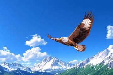 A pixel art depiction of an eagle flying over a rugged mountain range, with animated flapping wings and a retro 8-bit style