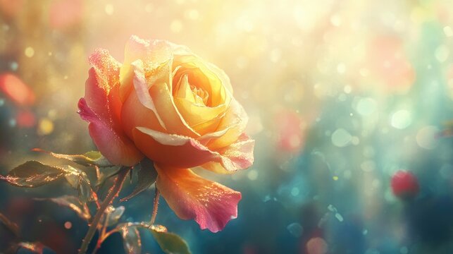 Mesmerizing yellow and pink rose in a serene garden setting illuminated by soft gentle light and surrounded by dreamy bokeh effects - Powered by Adobe