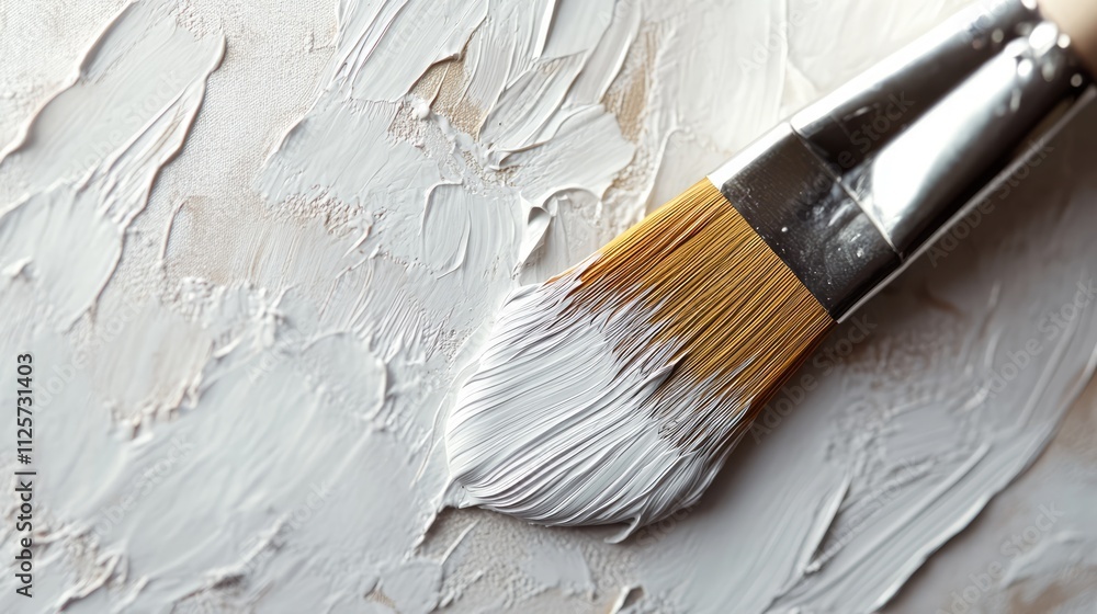 Poster close up of a brush applying white paint on a textured surface with blank space for creative text or