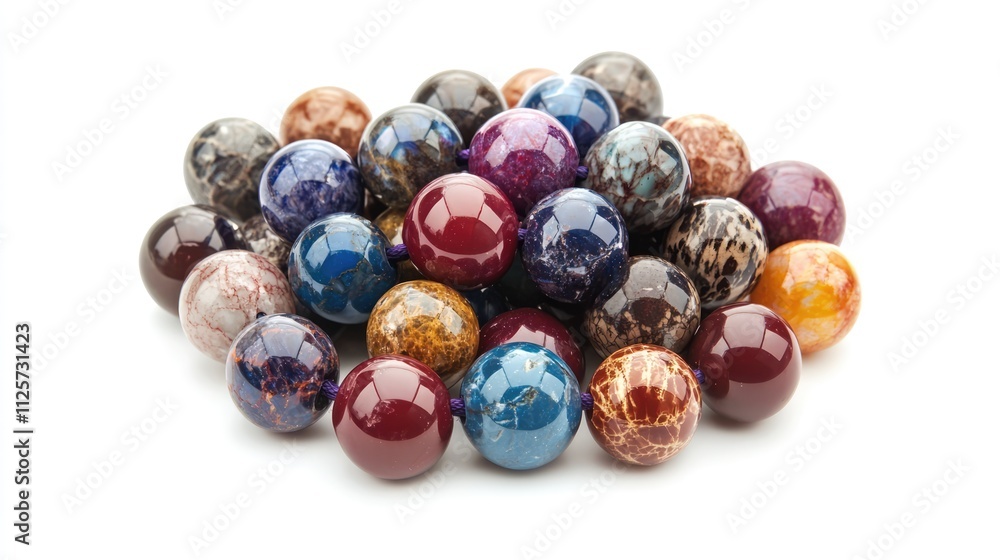 Poster colorful assortment of shiny decorative beads arranged in a heap on a white background showcasing th
