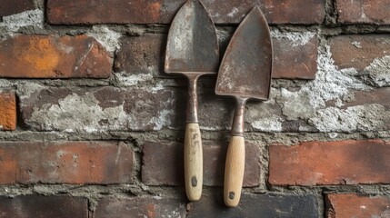 Vintage mason trowels resting against an old brick wall in a rustic setting showcasing craftsmanship tools and textures