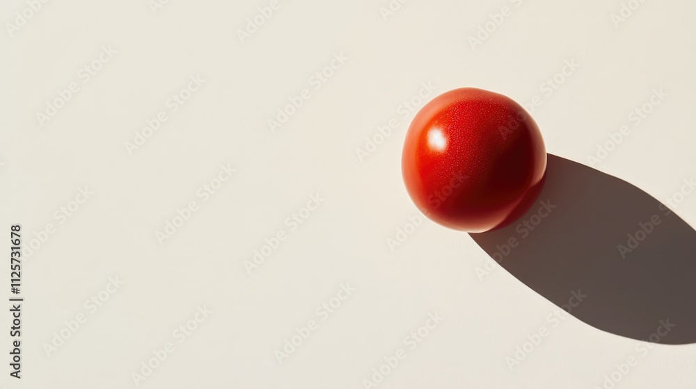 Poster red tomato on a white background creating natural shadow highlighting its shiny surface and fresh ap