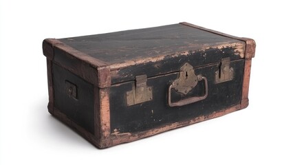 Antique vintage wooden treasure chest with worn edges isolated on a white background showcasing rustic charm and timeless elegance