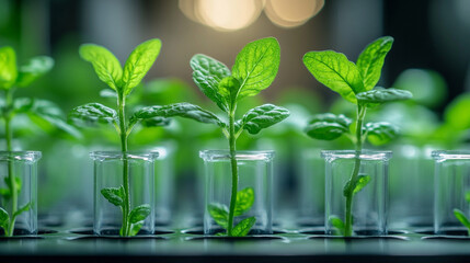 vibrant green plants in glass test tubes, symbolizing biotechnology, sustainable innovation, and the harmony between nature and science. A concept of eco-friendly research and growth