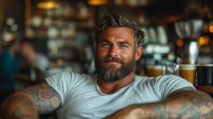 A young man with a beard and tattoos sits comfortably in a bustling cafe. He smiles while enjoying drinks, surrounded by friends and warm lighting, creating a relaxed atmosphere.