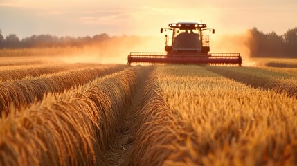 Close up of golden rice fields ready for harvest with a harvesting machine in the background during a beautiful sunset sky.
