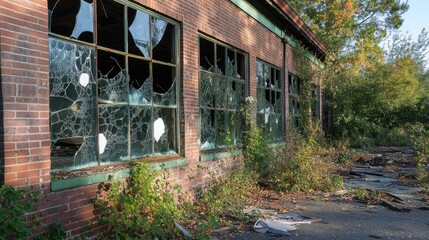 Fototapeta premium Abandoned shipyard with broken windows surrounded by overgrown vegetation capturing the essence of decay and neglect in urban exploration.
