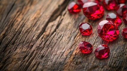 Ruby gemstones on rustic wooden background symbolizing luxury and brand value enhancement in a creative concept.