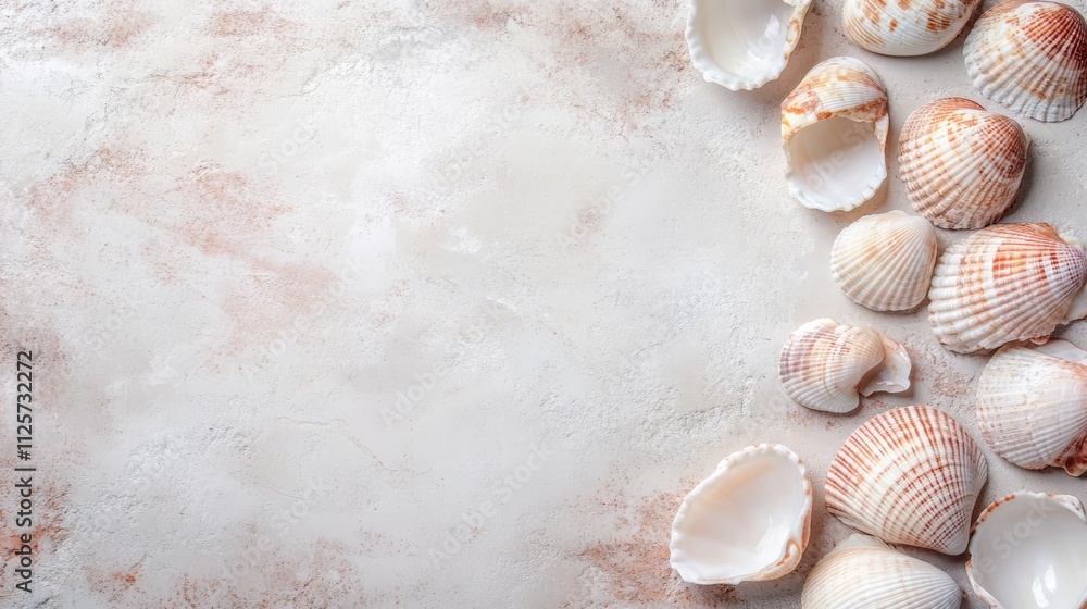 Poster seashells arranged on a textured background symbolizing beach holidays with ample copy space for tex