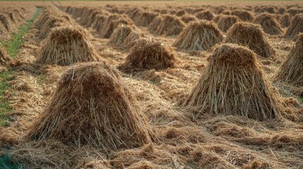 Agricultural field with straw haystacks after wheat harvest showcasing rural farming practices and landscape beauty