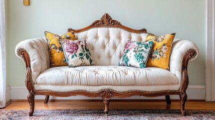 Elegant vintage tufted sofa with decorative cushions in a classic interior setting showcasing timeless furniture design.