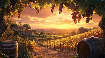 Sunset vineyard, rustic farmhouse, wine barrels, grapes.