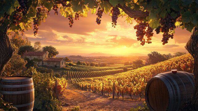 Sunset vineyard, rustic farmhouse, wine barrels, grapes.