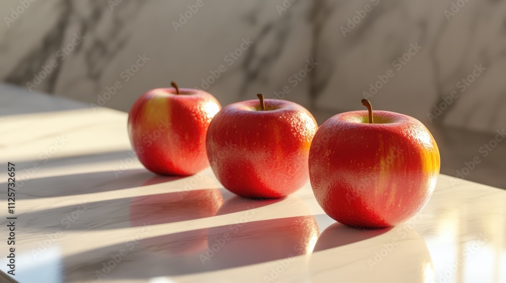 Poster red apples arranged in a row on a white table with soft shadows and a hint of marble background crea