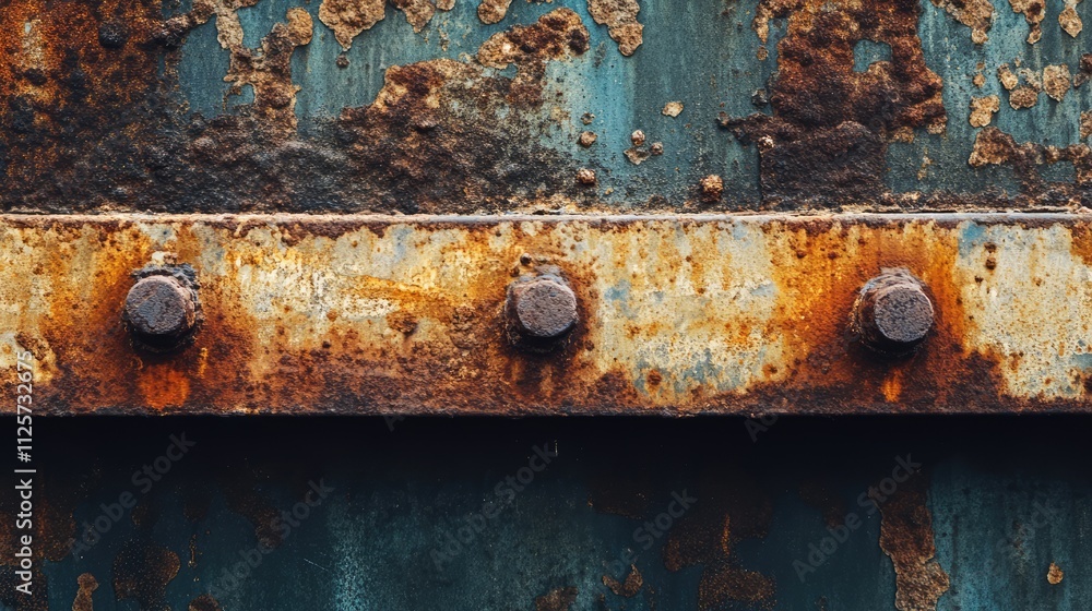 Poster closeup of weathered rusty metal rails with textured surface and corroded bolts highlighting industr
