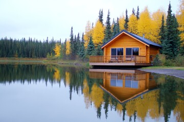 Fototapeta premium A serene image of a lake surrounded by trees, with an eco-friendly cabin visible on the shore
