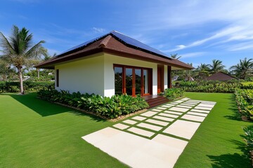 Obraz premium A serene image of a modern eco-house with solar panels on the roof, surrounded by lush greenery and a garden