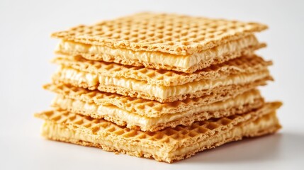 Fototapeta premium Crunchy wafer stacks with creamy filling on a pristine white background, perfect for dessert or snack imagery.