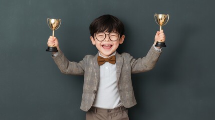 Celebrating achievement young boy with trophies indoor setting portrait joyful emotion child success
