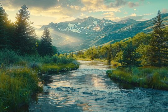 A tranquil river flows through a lush green valley, with majestic mountains in the background.