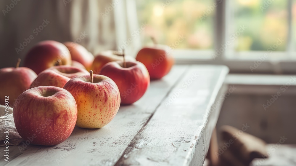 Poster fresh red apples arranged in a row on a rustic white table with a soft background and natural light 