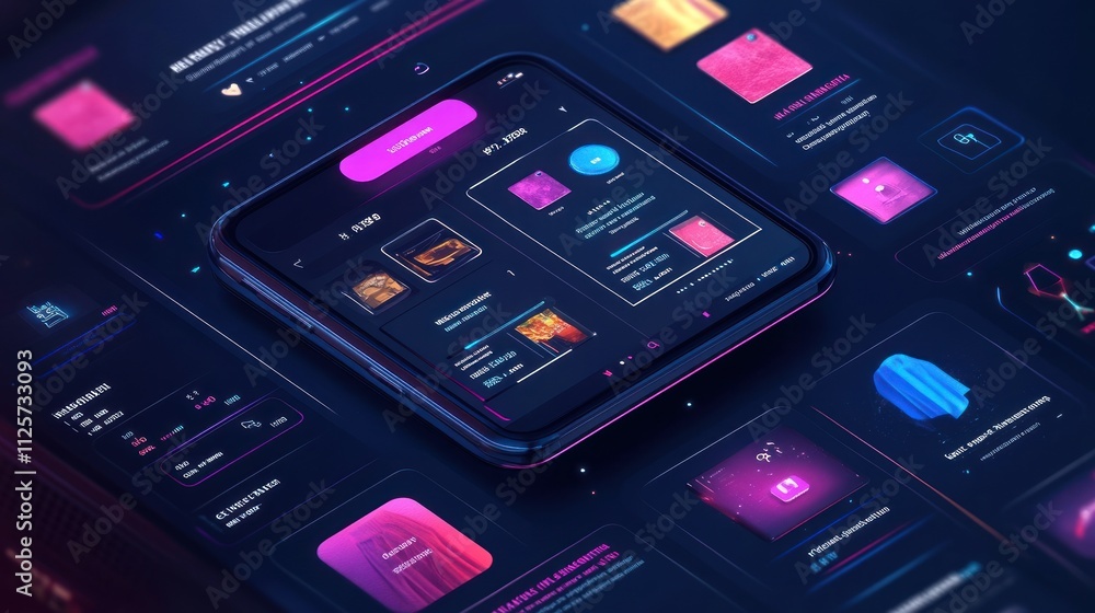 Poster futuristic smartphone interface displays digital data visualizations