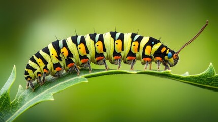Fototapeta premium Colorful caterpillar on a green leaf showcasing potential skin irritation when handled in natural garden setting.