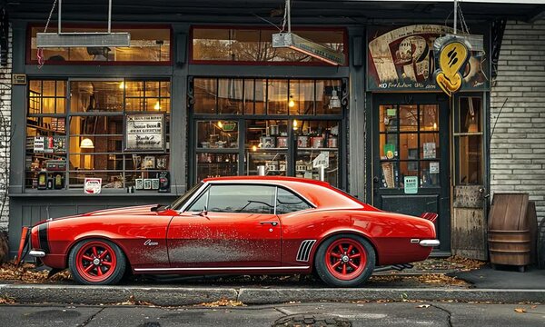 Classic red muscle car parked outside a vintage shop.