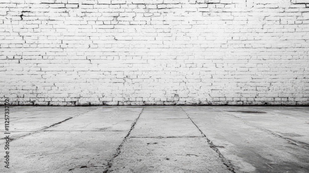 Poster empty room with a textured white brick wall and concrete floor creating a minimalist and spacious at