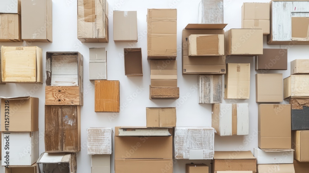 Poster various cardboard box stacks arranged on a white background showcasing different sizes shapes and te