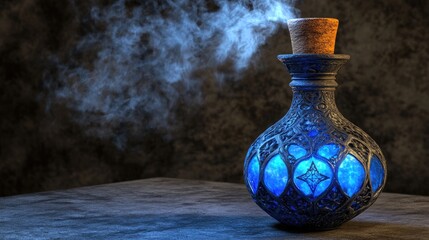 Enchanting blue potion in ornate glass bottle with smoke effect on dark background artistic composition.
