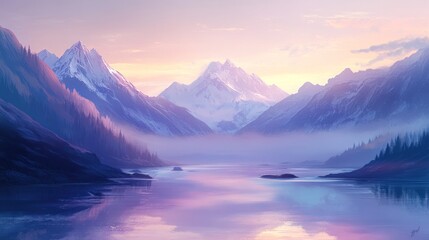 Serene Sunset Over Snowy Mountain Lake Landscape