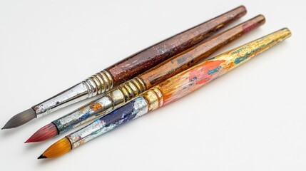 Colorful gouache paint tubes with artistic brushes on a white background, featuring vibrant colors and unique textures, art supplies, creativity, craft materials.