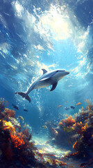 Fototapeta premium playful dolphin swims gracefully through vibrant underwater scene