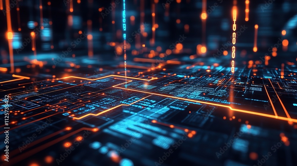 Poster futuristic background with glowing neon lines and data patterns
