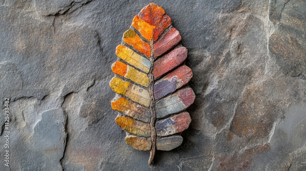 Poster colorful fossil stone leaf displayed on textured grey background showcasing natural patterns and vib