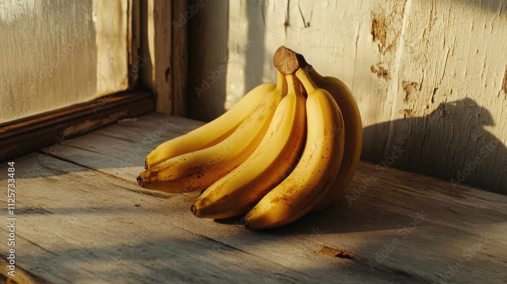 Poster fresh bananas arranged on a rustic wooden surface illuminated by natural light creating a warm and i