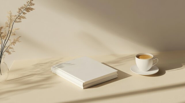 Minimalist white book mockup with coffee cup and elegant workspace accessories on a soft beige table setting.